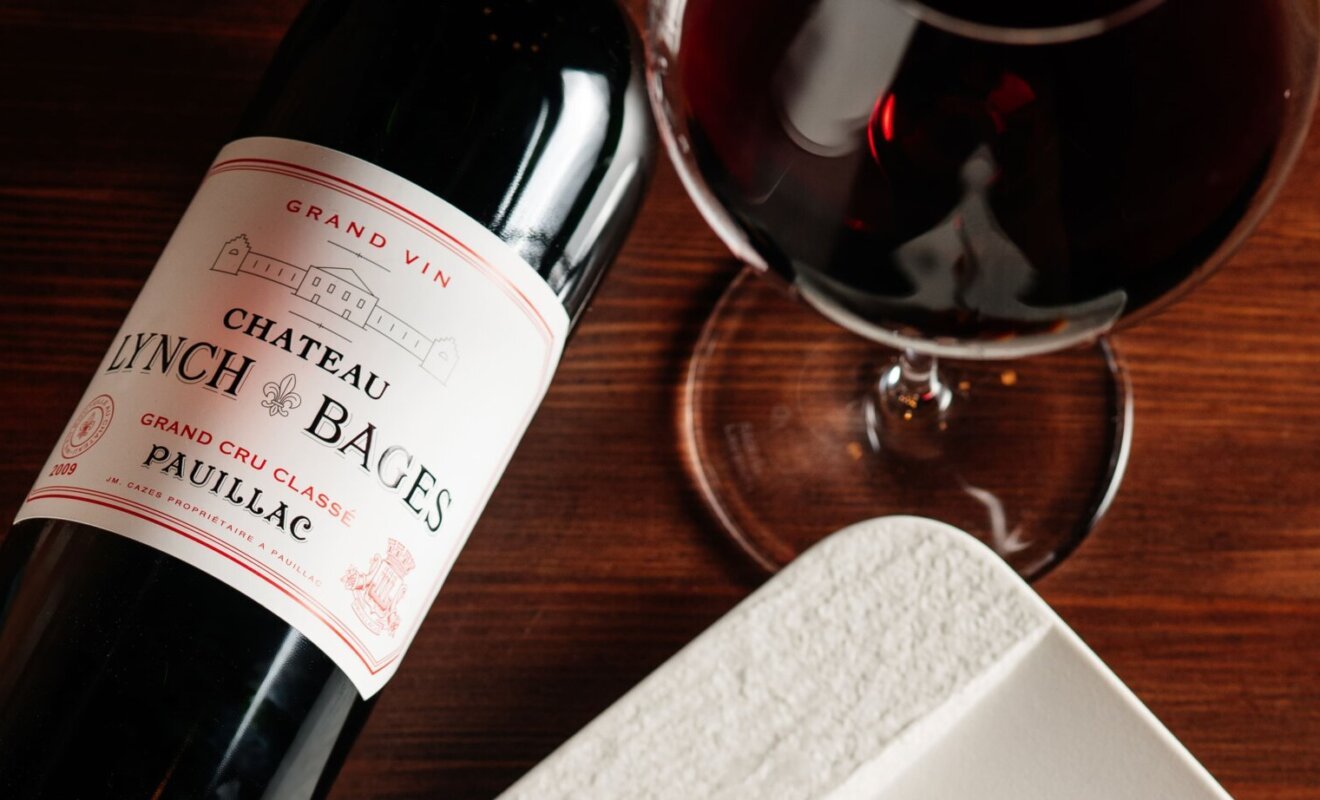 Bottle of Château Lynch-Bages Pauillac wine at a fine dining restaurant in Sheepshead Bay, Brooklyn