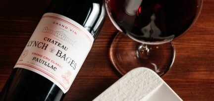 Bottle of Château Lynch-Bages Pauillac wine at a fine dining restaurant in Sheepshead Bay, Brooklyn