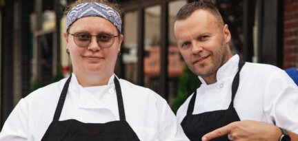 Sheepshead Bay restaurants Terra’s two chefs in front of the restaurant at 1716 Sheepshead Bay Road, Brooklyn